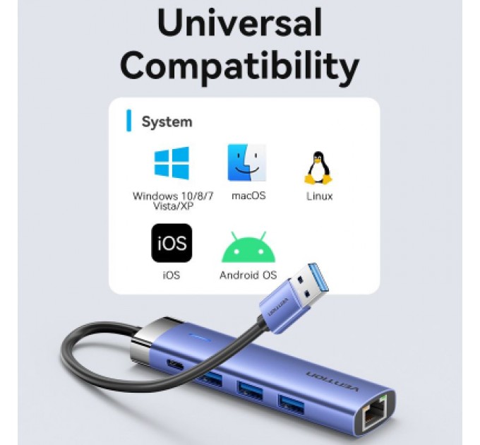 Vention Концентратор Vention USB 3.0 to USB 3.0x3/RJ45/Type-C Hub Blue Aluminum Alloy 5-in-1 (TGFSB)