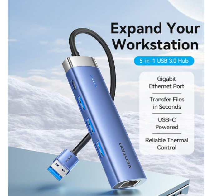 Vention Концентратор Vention USB 3.0 to USB 3.0x3/RJ45/Type-C Hub Blue Aluminum Alloy 5-in-1 (TGFSB)