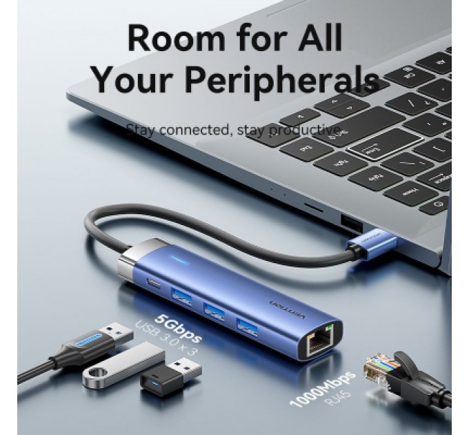 Vention Концентратор Vention USB 3.0 to USB 3.0x3/RJ45/Type-C Hub Blue Aluminum Alloy 5-in-1 (TGFSB)