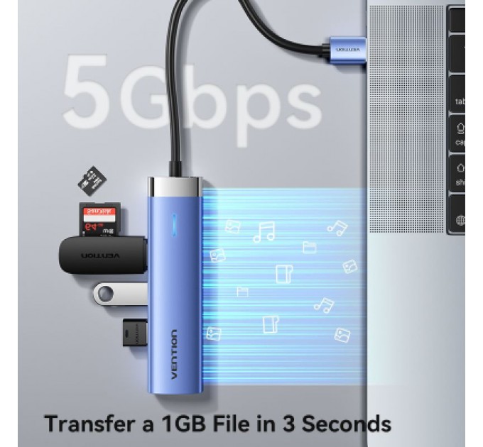 Vention Концентратор Vention USB 3.0 to USB 3.0x3/RJ45/Type-C Hub Blue Aluminum Alloy 5-in-1 (TGFSB)