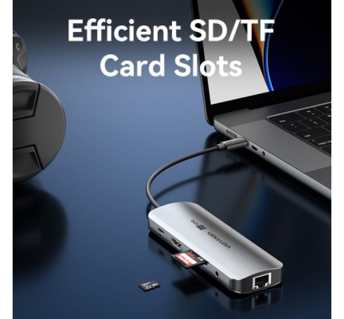 Vention Концентратор Vention USB 3.1 Type-C to HDMI 4K60Hz/USB 3.0x2/RJ45/SD/TF/3.5mm/PD 100W Hub 9-in-1 (TQMHB)