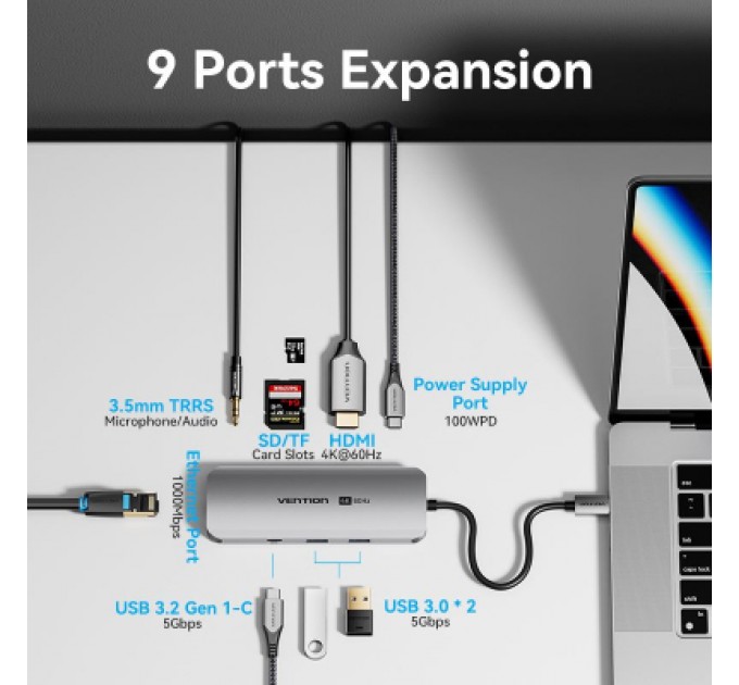 Vention Концентратор Vention USB 3.1 Type-C to HDMI 4K60Hz/USB 3.0x2/RJ45/SD/TF/3.5mm/PD 100W Hub 9-in-1 (TQMHB)