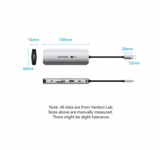 Vention Концентратор Vention USB 3.1 Type-C to HDMI 4K60Hz/USB 3.0x2/RJ45/SD/TF/3.5mm/PD 100W Hub 9-in-1 (TQMHB)