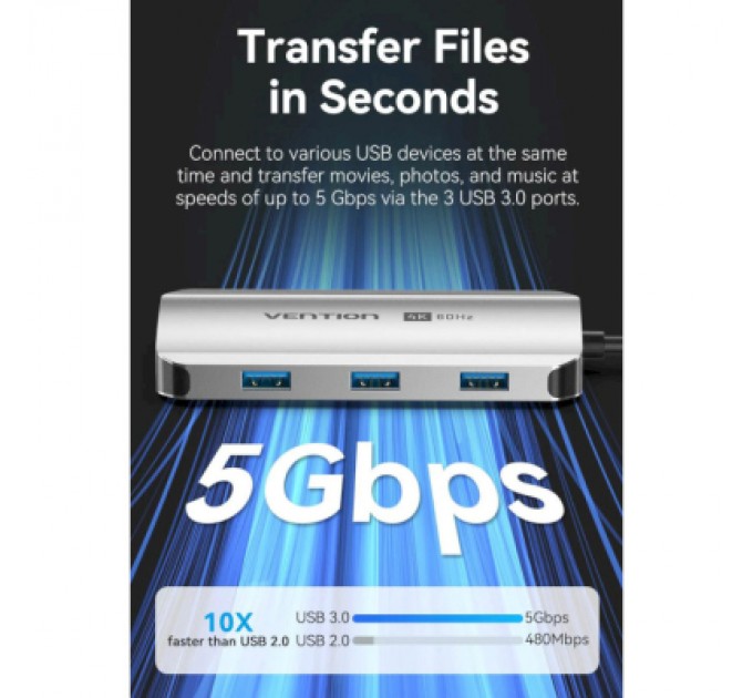 Vention Концентратор Vention USB 3.1 Type-C to HDMI 4K60Hz/USB 3.0x3/PD 100W 5-in-1 (TQDHB)