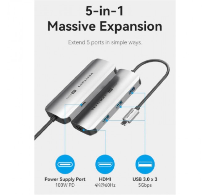 Vention Концентратор Vention USB 3.1 Type-C to HDMI 4K60Hz/USB 3.0x3/PD 100W 5-in-1 (TQDHB)