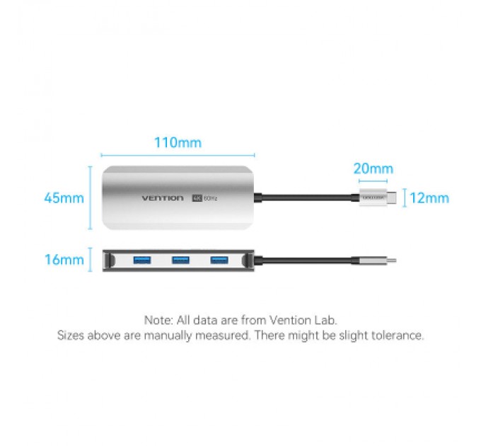 Vention Концентратор Vention USB 3.1 Type-C to HDMI 4K60Hz/USB 3.0x3/RJ45/PD 100W 6-in-1 (TQHHB)