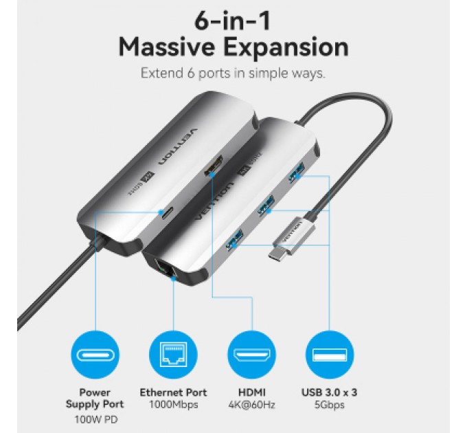 Vention Концентратор Vention USB 3.1 Type-C to HDMI 4K60Hz/USB 3.0x3/RJ45/PD 100W 6-in-1 (TQHHB)