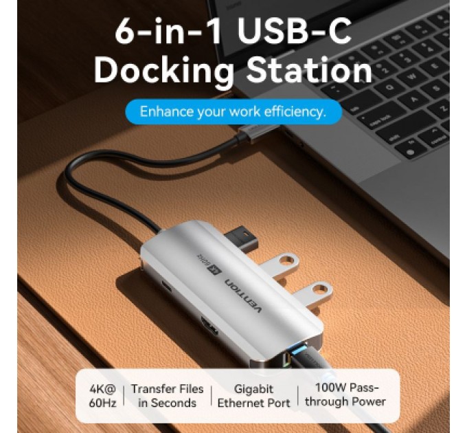 Vention Концентратор Vention USB 3.1 Type-C to HDMI 4K60Hz/USB 3.0x3/RJ45/PD 100W 6-in-1 (TQHHB)