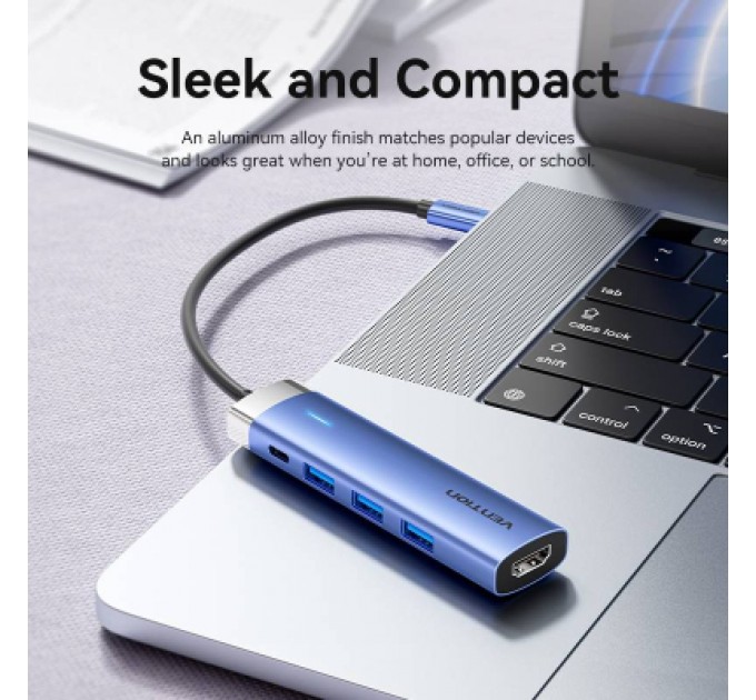 Vention Концентратор Vention USB 3.1 Type-C to HDMI/USB 3.0x3/PD 100W Blue Aluminum Alloy Hub 5-in-1 (TGESB)