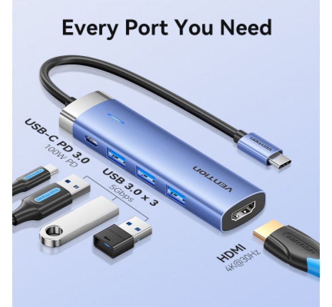 Vention Концентратор Vention USB 3.1 Type-C to HDMI/USB 3.0x3/PD 100W Blue Aluminum Alloy Hub 5-in-1 (TGESB)