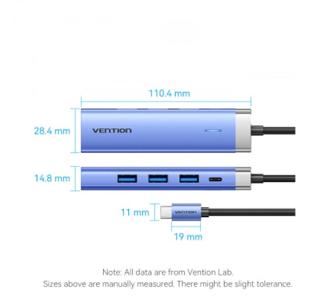 Vention Концентратор Vention USB 3.1 Type-C to HDMI/USB 3.0x3/PD 100W Blue Aluminum Alloy Hub 5-in-1 (TGESB)