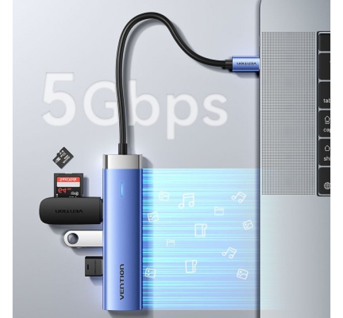 Vention Концентратор Vention USB 3.1 Type-C to HDMI/USB 3.0x3/PD 100W Blue Aluminum Alloy Hub 5-in-1 (TGESB)