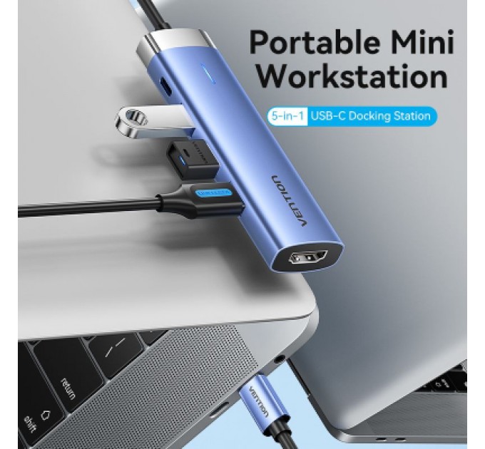 Vention Концентратор Vention USB 3.1 Type-C to HDMI/USB 3.0x3/PD 100W Blue Aluminum Alloy Hub 5-in-1 (TGESB)
