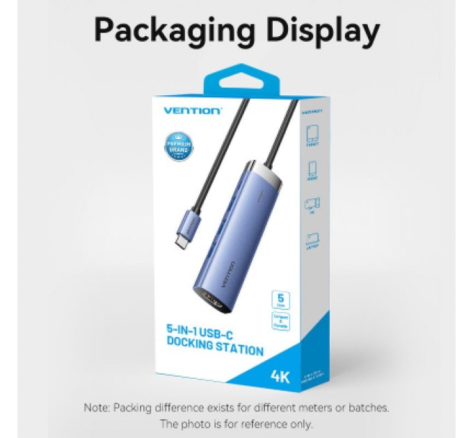 Vention Концентратор Vention USB 3.1 Type-C to HDMI/USB 3.0x3/PD 100W Blue Aluminum Alloy Hub 5-in-1 (TGESB)