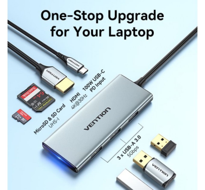 Vention Концентратор Vention USB 3.1 Type-C to HDMI/USB 3.0x3/SD/TF/PD 100W 7-in-1 (TOPHB)