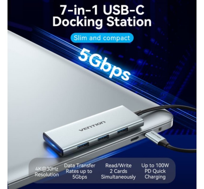 Vention Концентратор Vention USB 3.1 Type-C to HDMI/USB 3.0x3/SD/TF/PD 100W 7-in-1 (TOPHB)
