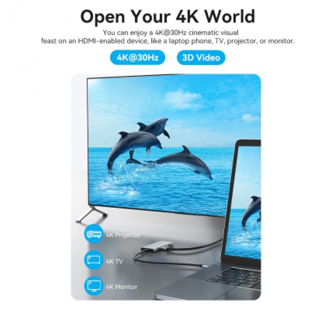 Vention Концентратор Vention USB 3.1 Type-C to HDMI/USB 3.0x3/SD/TF/PD 100W 7-in-1 (TOPHB)