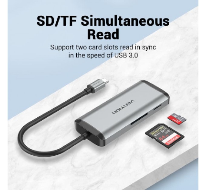 Vention Концентратор Vention USB 3.1 Type-C to 3хUSB 3.0/TF/SD/PD 87W 6-in-1 (TGRHB)