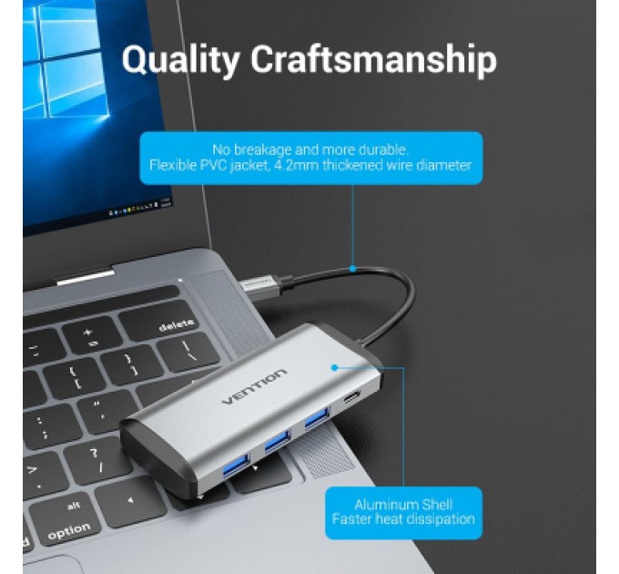 Vention Концентратор Vention USB 3.1 Type-C to 3хUSB 3.0/TF/SD/PD 87W 6-in-1 (TGRHB)
