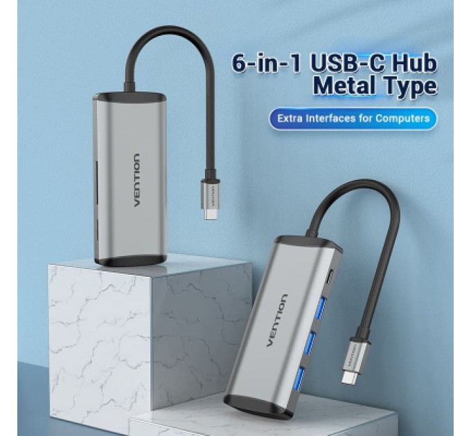 Vention Концентратор Vention USB 3.1 Type-C to 3хUSB 3.0/TF/SD/PD 87W 6-in-1 (TGRHB)
