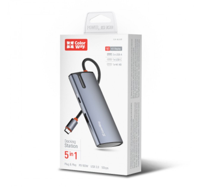 ColorWay Порт-реплікатор ColorWay Docking Station USB-C 5-в-1 Type C PD 100W/USB3.0х3/HDMI 4К (CW-HUB01)