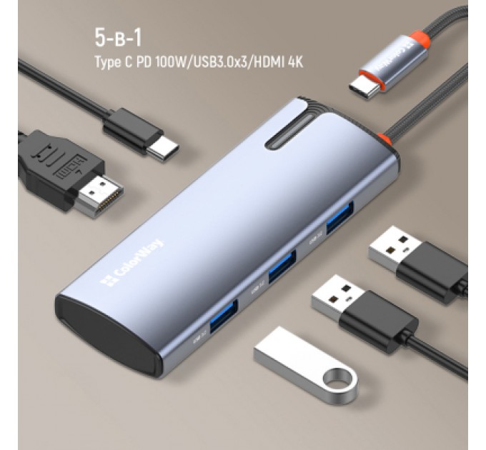ColorWay Порт-реплікатор ColorWay Docking Station USB-C 5-в-1 Type C PD 100W/USB3.0х3/HDMI 4К (CW-HUB01)