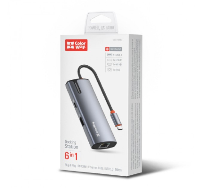 ColorWay Порт-реплікатор ColorWay Docking Station USB-C 6-в-1 Type C PD 100W/USB3.0х3/HDMI 4К/RJ45 (CW-HUB02)
