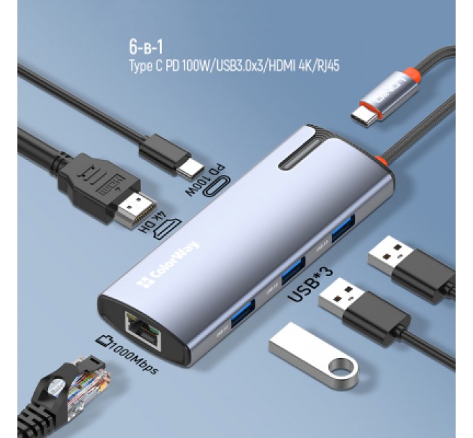 ColorWay Порт-реплікатор ColorWay Docking Station USB-C 6-в-1 Type C PD 100W/USB3.0х3/HDMI 4К/RJ45 (CW-HUB02)