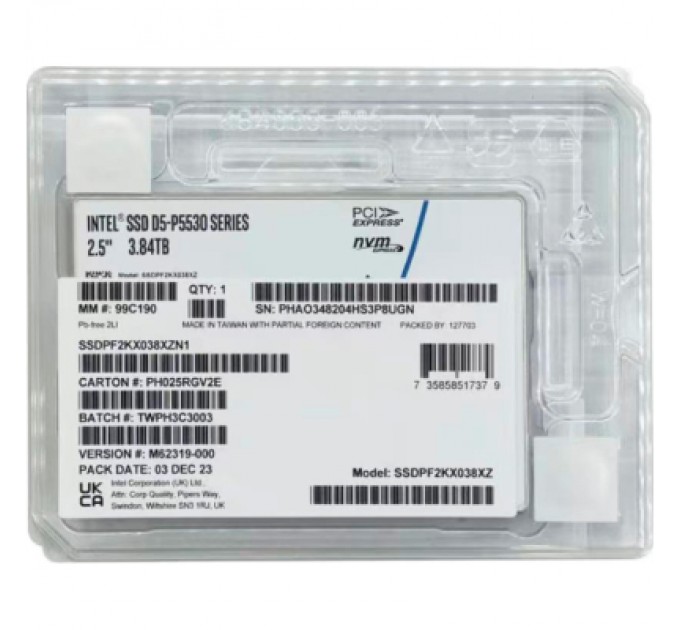 INTEL Накопичувач SSD U.2 2.5" 3.84TB D5-P5530 15mm INTEL (SSDPF2KX038XZN1)
