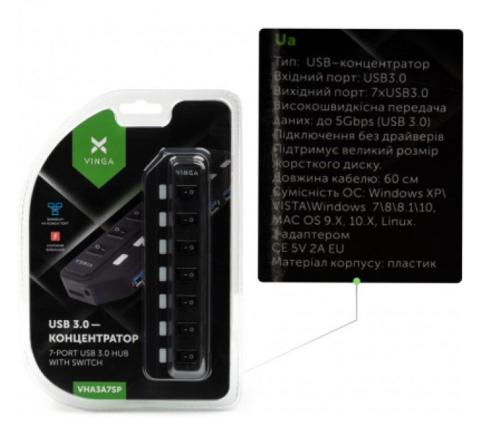 Vinga Концентратор Vinga USB3.0 to 7*USB3.0 1m cable with Switch and Power Adapter (VHA3A7B)