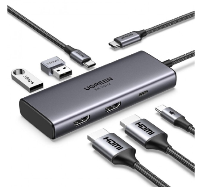 Ugreen Концентратор Ugreen USB3.1 Type-C to HDMIx2 4K60Hz (8k30Hz)/USB3.0x2/Type-C/PD 100W CM498 (15852)