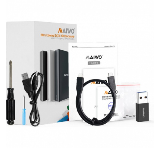 Maiwo Кишеня зовнішня Maiwo 2*HDD 2.5" SATA/SSD up to 9.5mm USB3.1 GEN2 Type-C, RAID 0,1 (K25272C)
