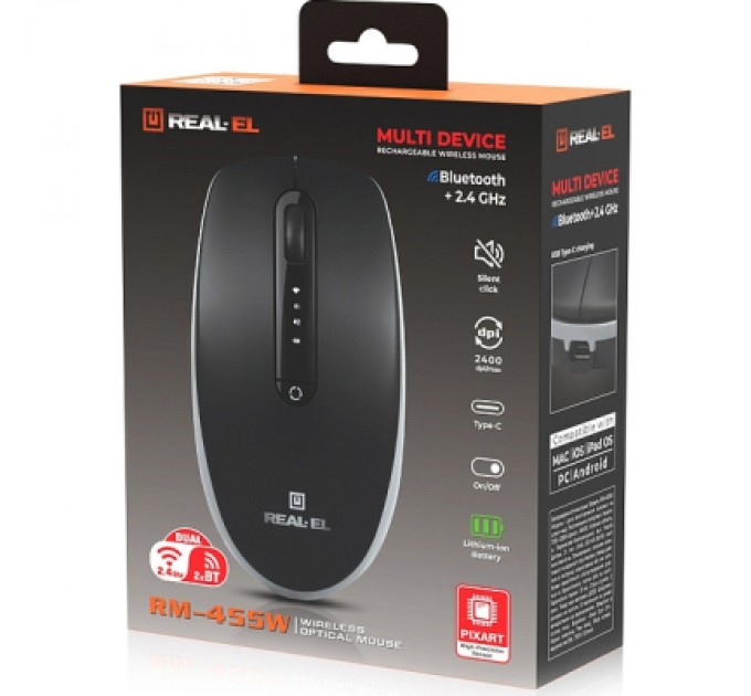REAL-EL Мишка REAL-EL RM-455W Wireless/Bluetooth Black/Gray (EL123200047)