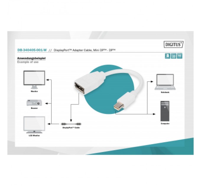 Digitus Перехідник mini DP to DP, M/F, 0.15m, white Digitus (DB-340405-001-W)
