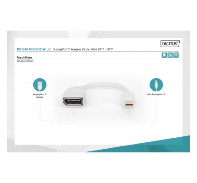 Digitus Перехідник mini DP to DP, M/F, 0.15m, white Digitus (DB-340405-001-W)