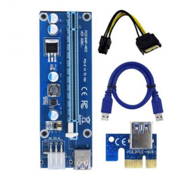 Dynamode Райзер PCI-E x1 to 16x 60cm USB 3.0 Cable SATA to 6Pin Power v.006C Dynamode (RX-riser-006c 6 pin)