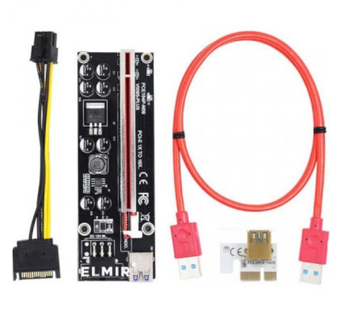 Dynamode Райзер Dynamode PCI-E x1 to 16x 60cm USB 3.0 Red Cable SATA to 6Pin Power v. (RX-riser 009S Plus)
