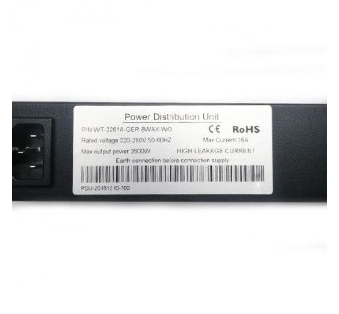 Eserver Силовий блок Eserver 19" 8 розеток, выкл., алюм. корпус PDU 220В, 16А (WT-2261A-GER-8WAY-WO)
