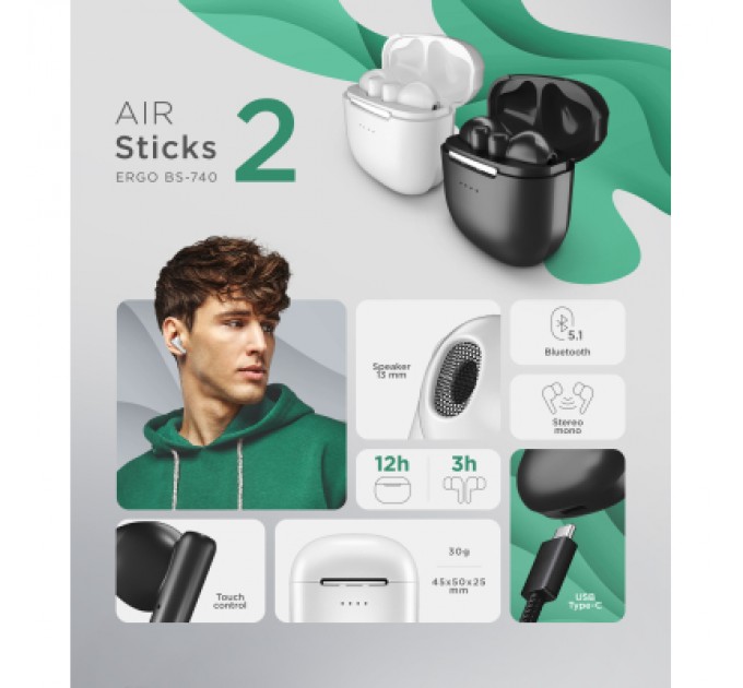Ergo Навушники Ergo BS-740 Sticks Nano 2 White (BS-740W)
