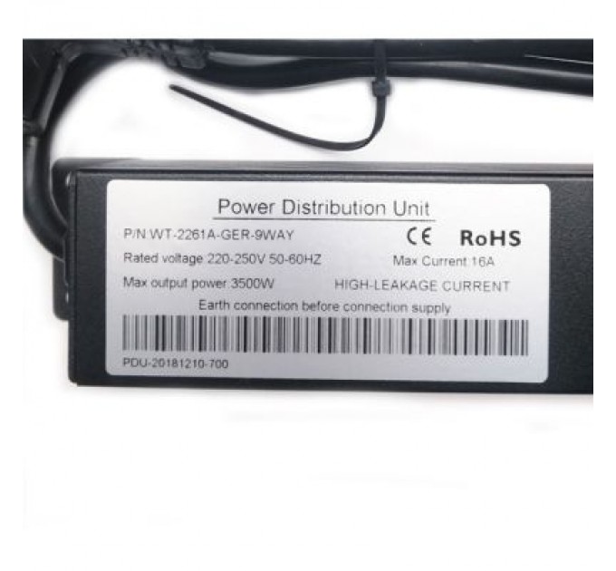 Eserver Силовий блок Eserver 19" 9 розеток, кабель 1.8м, алюм. корпус PDU 220В, 16А (WT-2261A-GER-9WAY)