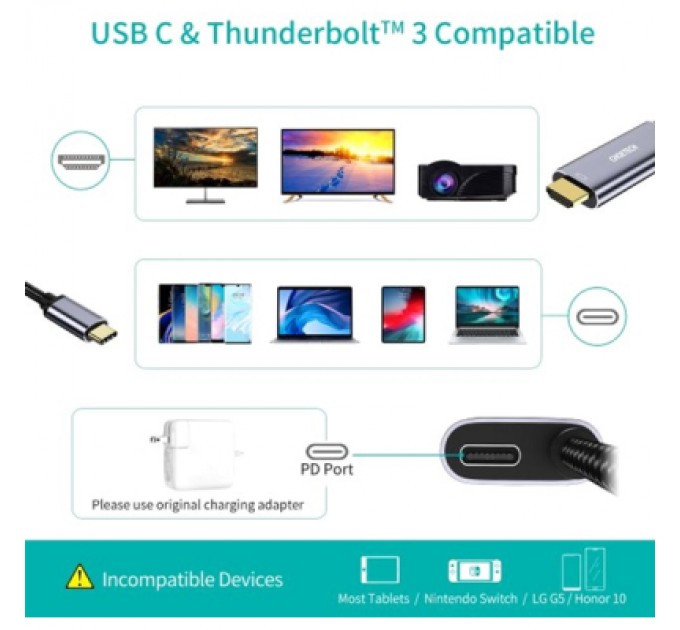 Choetech Перехідник USB-C to HDMI 1.8m 4K60Hz Choetech (XCH-M180GY)