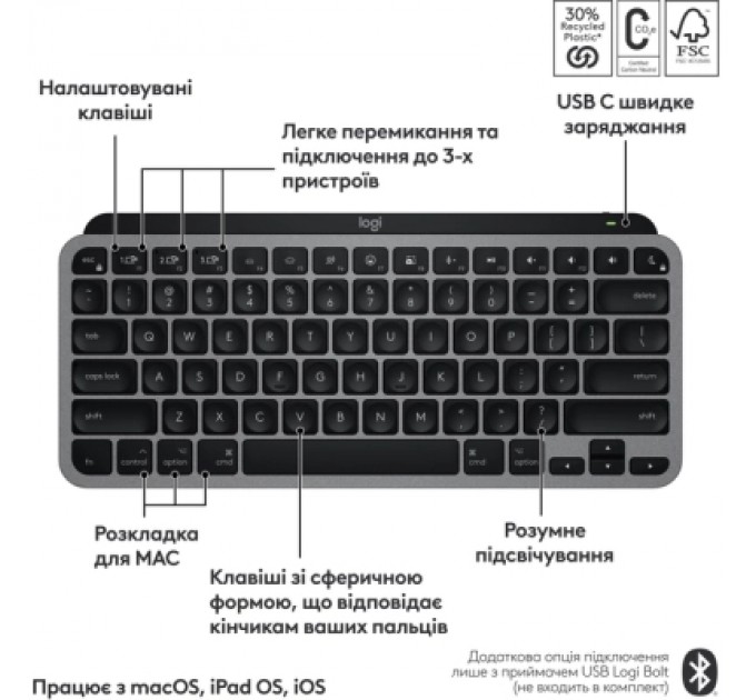 Logitech Клавіатура Logitech MX Keys Mini для MAC Wireless UA Space Grey (920-012652)