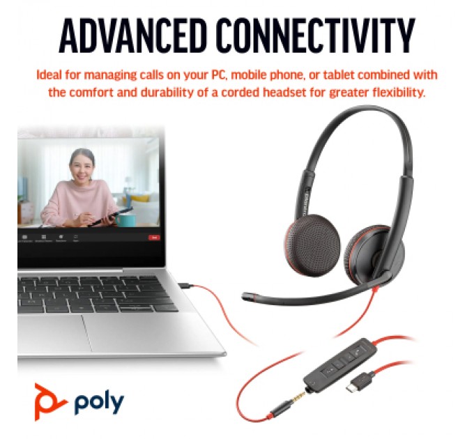 Poly Навушники Poly BlackWire C3225 USB-C HS Stereo +3.5mm Plug +USB-C/A Adapter (Bulk) Black (8X229A6)