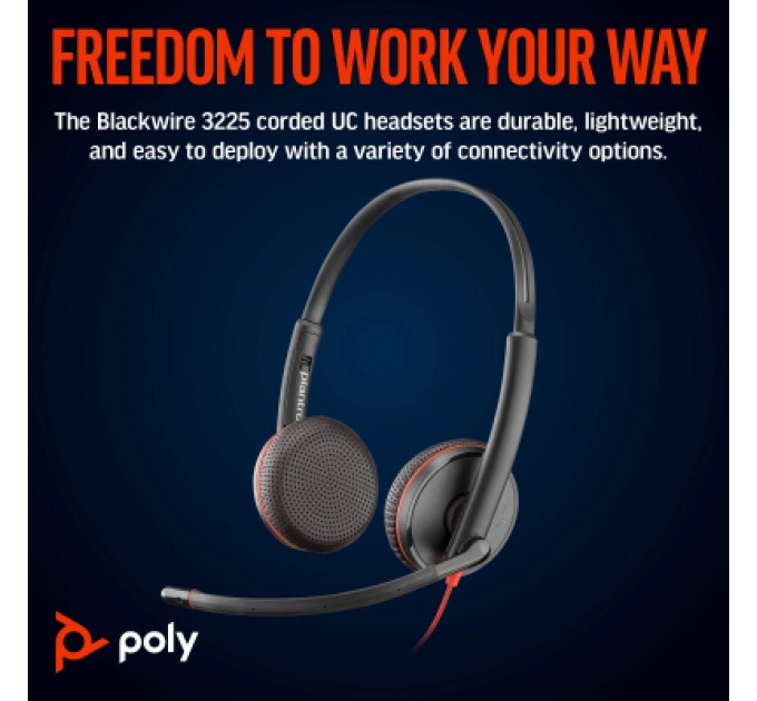 Poly Навушники Poly BlackWire C3225 USB-C HS Stereo +3.5mm Plug +USB-C/A Adapter (Bulk) Black (8X229A6)