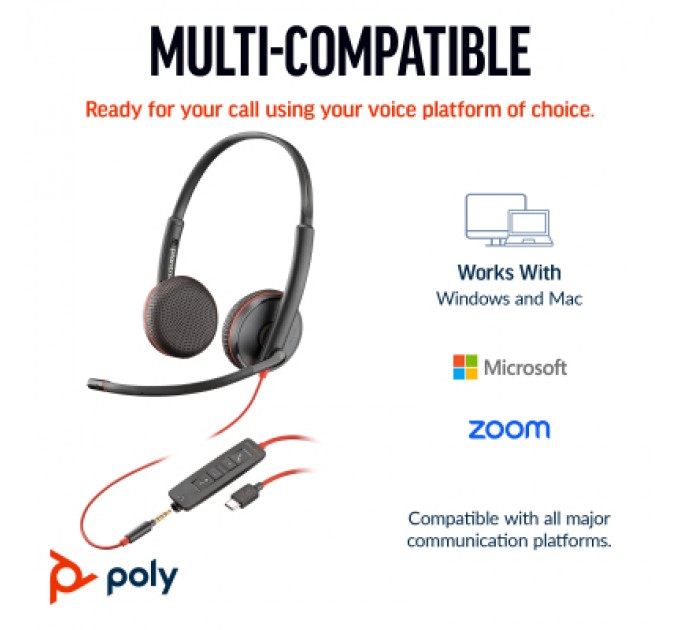 Poly Навушники Poly BlackWire C3225 USB-C HS Stereo +3.5mm Plug +USB-C/A Adapter (Bulk) Black (8X229A6)
