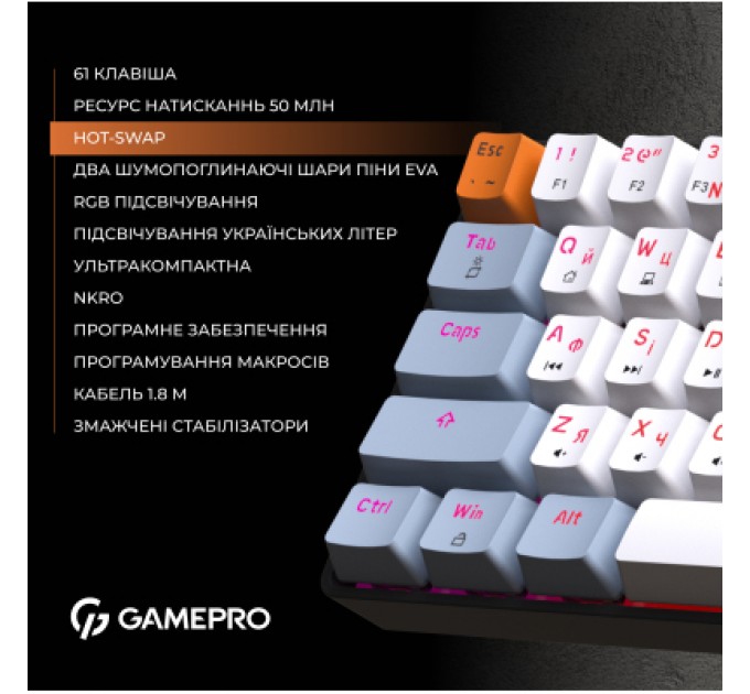 GamePro Клавіатура GamePro MK130R Hot-Swap Red Swich RGB USB UA Black (MK130R)