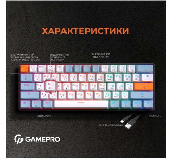 GamePro Клавіатура GamePro MK130R Hot-Swap Red Swich RGB USB UA Black (MK130R)