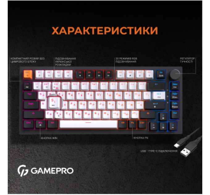 GamePro Клавіатура GamePro MK160B Hot-Swap Red Swich RGB USB UA Black (MK160B)