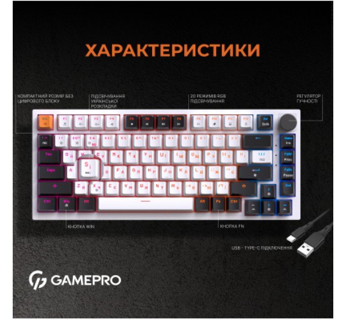 GamePro Клавіатура GamePro MK160W Hot-Swap Red Swich RGB USB UA White (MK160W)