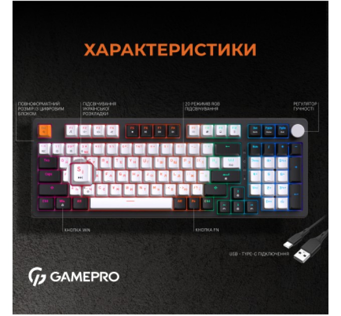 GamePro Клавіатура GamePro MK170B Hot-Swap Red Swich RGB USB UA Black (MK170B)